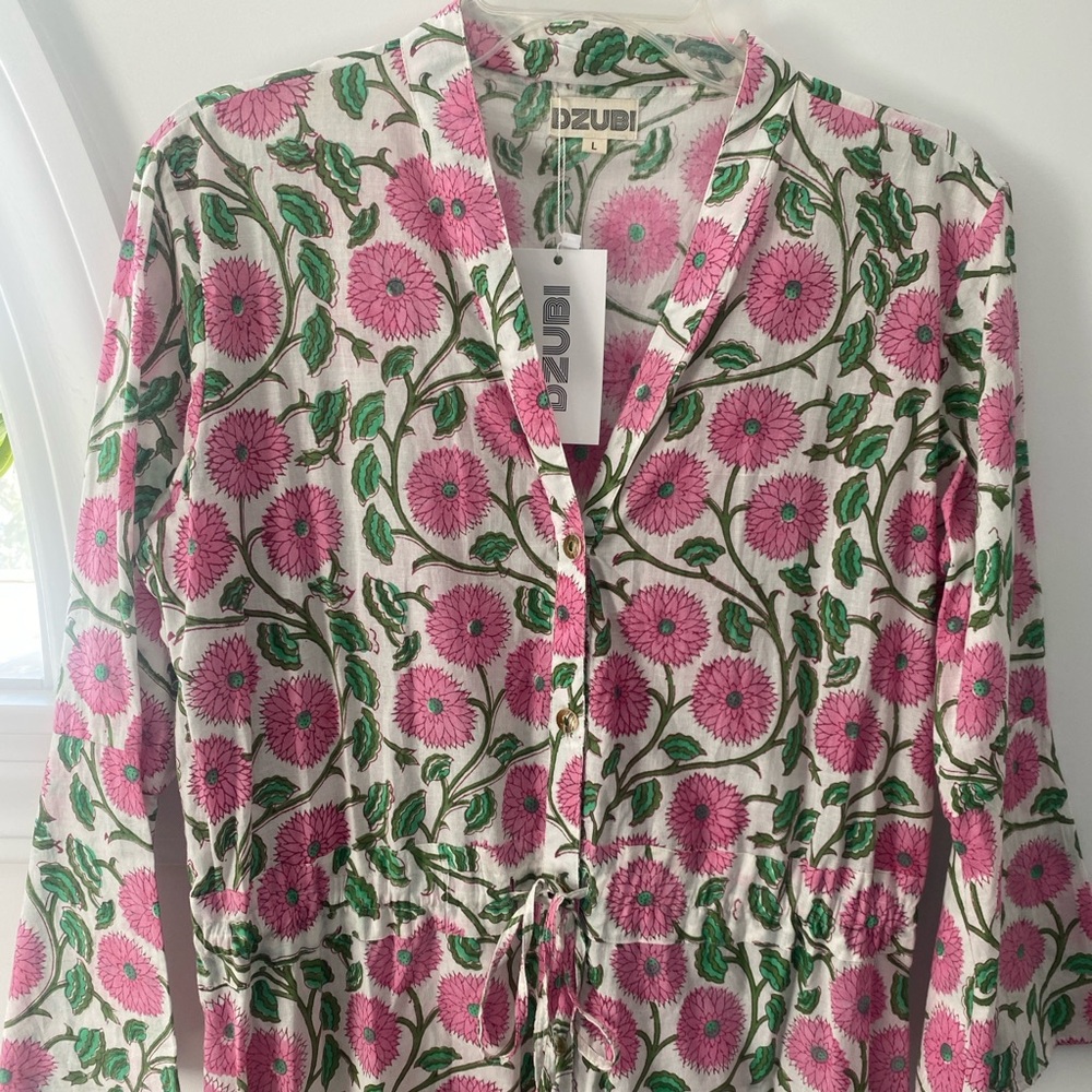 NWT Dzubi Hand Block Printed Maxi Button Down Shirt Dress Womens L Floral Boho - Picture 2 of 11